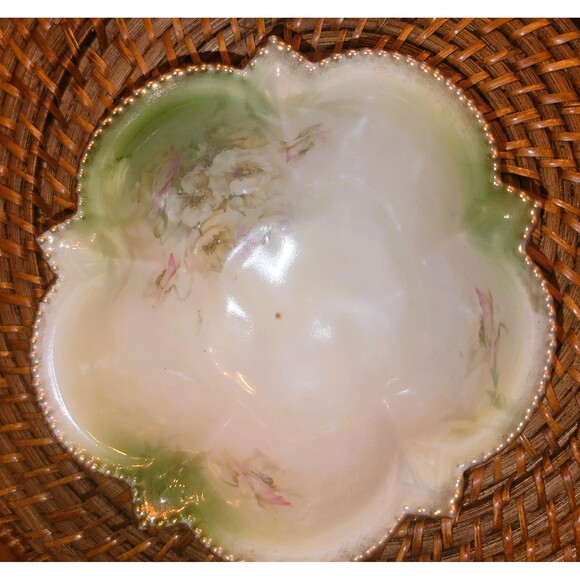 Antique RS Prussia Porcelain Footed Bowl Scalloped Edge Gardenia Gold Rim drops, - Picture 10 of 15